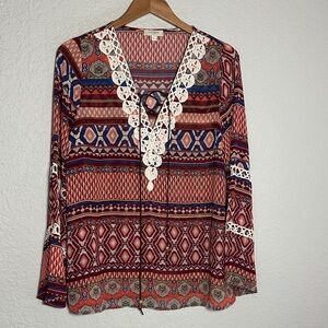 Umgee Aztec Southwestern Boho Top Lace Up Crochet Long Sleeve Festival Sheer